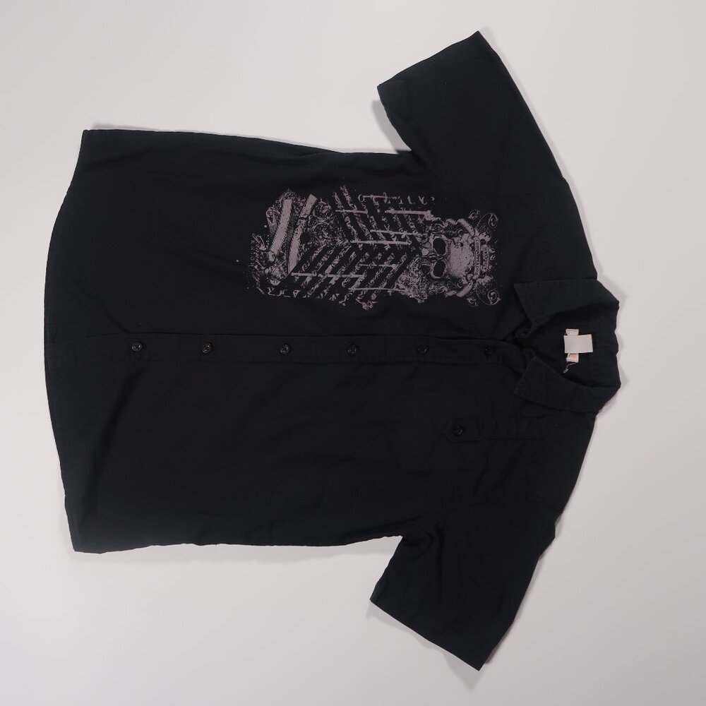 Route 66 Black Short Sleeve Button Down Shirt with Gray Skull Print